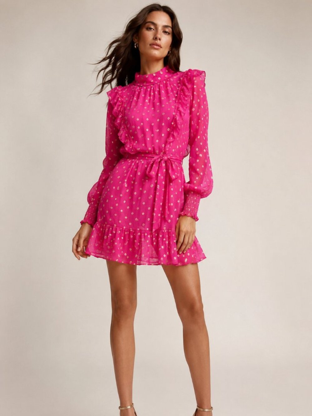 Karen Millen Pink Fuchsia Dot Ruffle Mini Dress Belted Sheer Long Sleeve Size 2